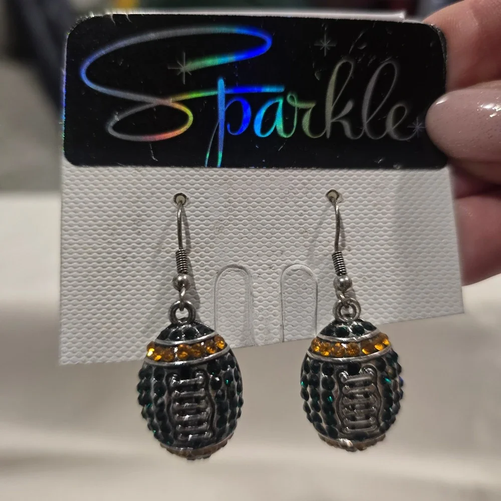 Green Bay Packer Green Emerald Football Earrings Rhinestone Silver Tone Dangle